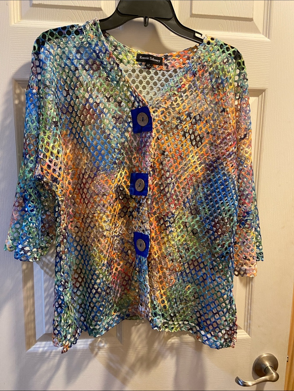 Ronnie Saboay Multicolor Mesh Button-Front Top with Blue Buttons